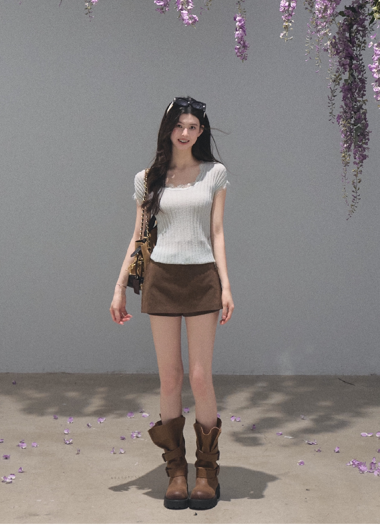 OAKMOO/ Distressed Slouchy Mid-Calf Combat Boots with Layered Straps