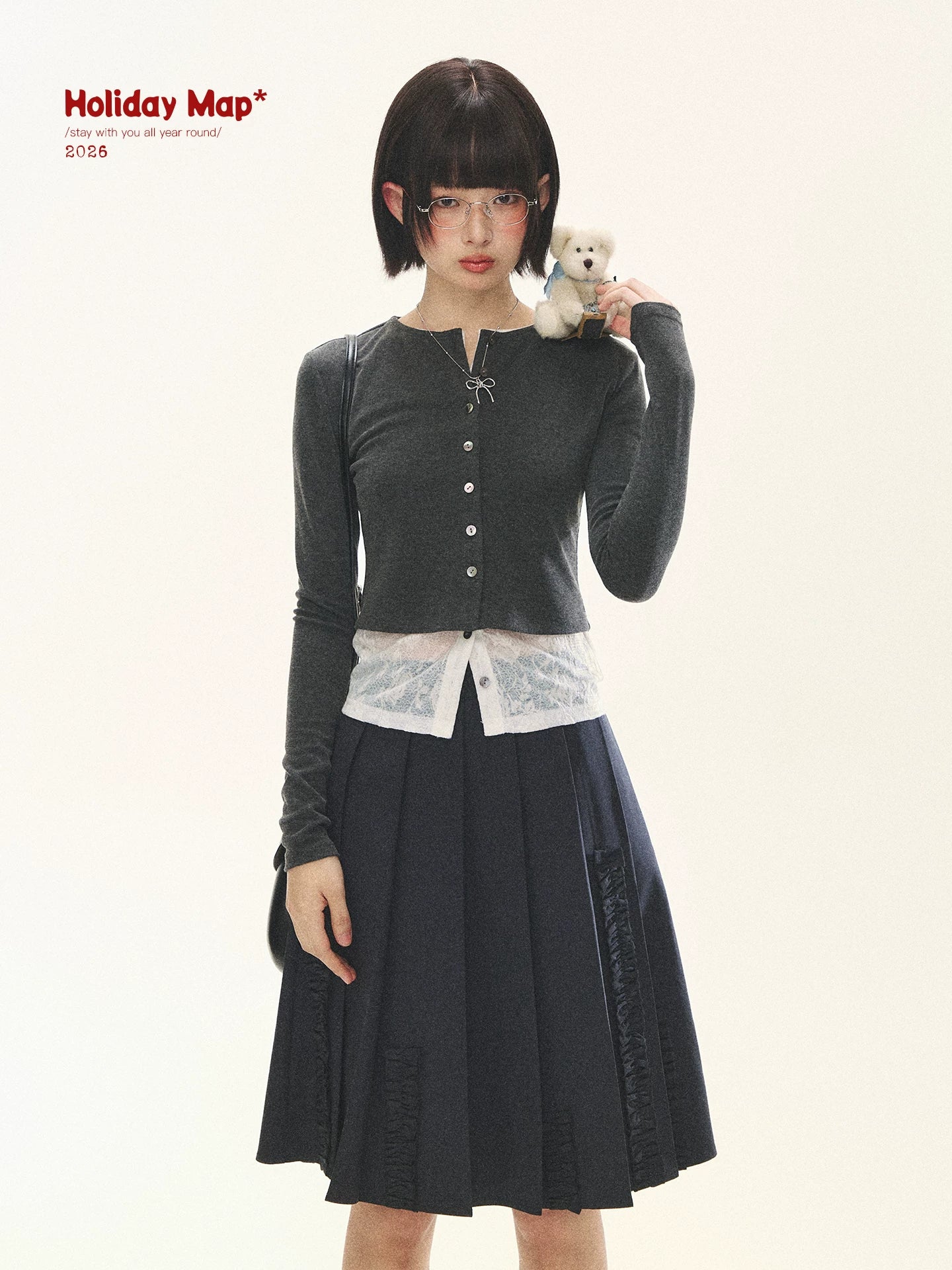 "Layered Blossom" Faux-Layer Knit Cardigan (Sakura Pink/ Heather Gray)