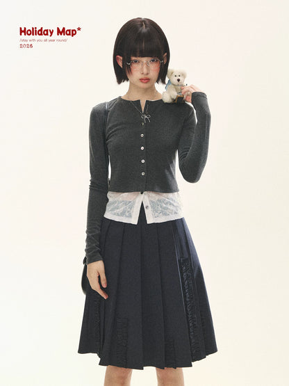 "Layered Blossom" Faux-Layer Knit Cardigan (Sakura Pink/ Heather Gray)