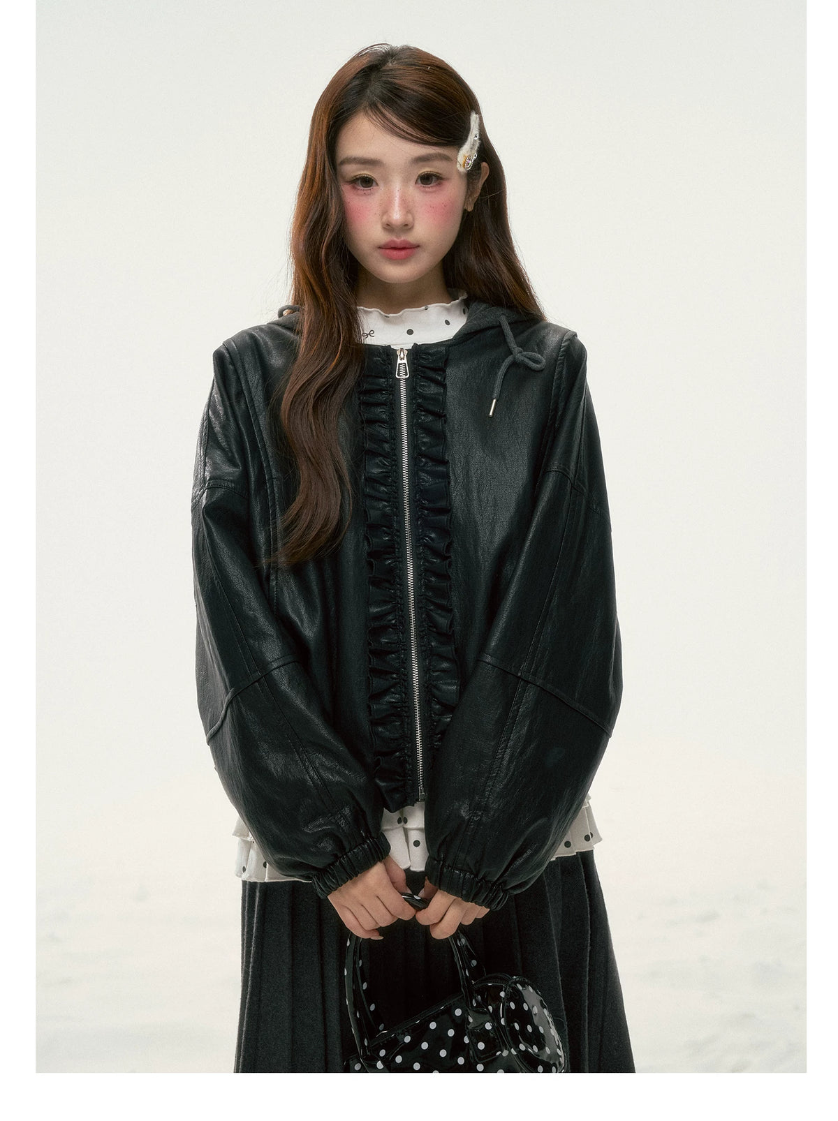 BIBIBENCY - Black Ruffle-Trim Faux Leather Jacket