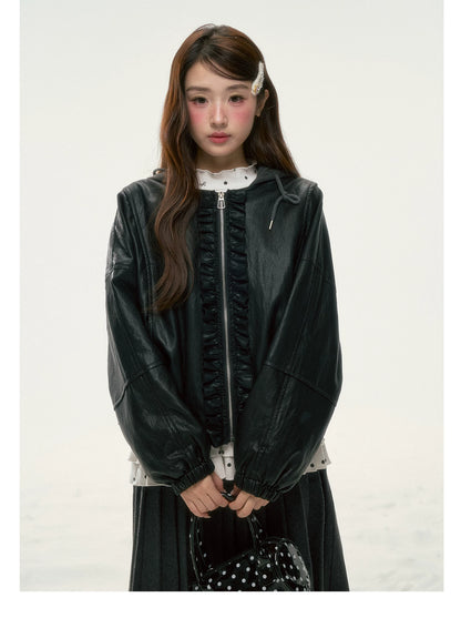 BIBIBENCY - Black Ruffle-Trim Faux Leather Jacket
