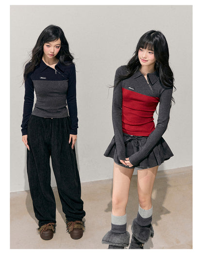 少也眼 “Undercurrents of Time” Slim-Fit Long-Sleeve Polo Knit Top