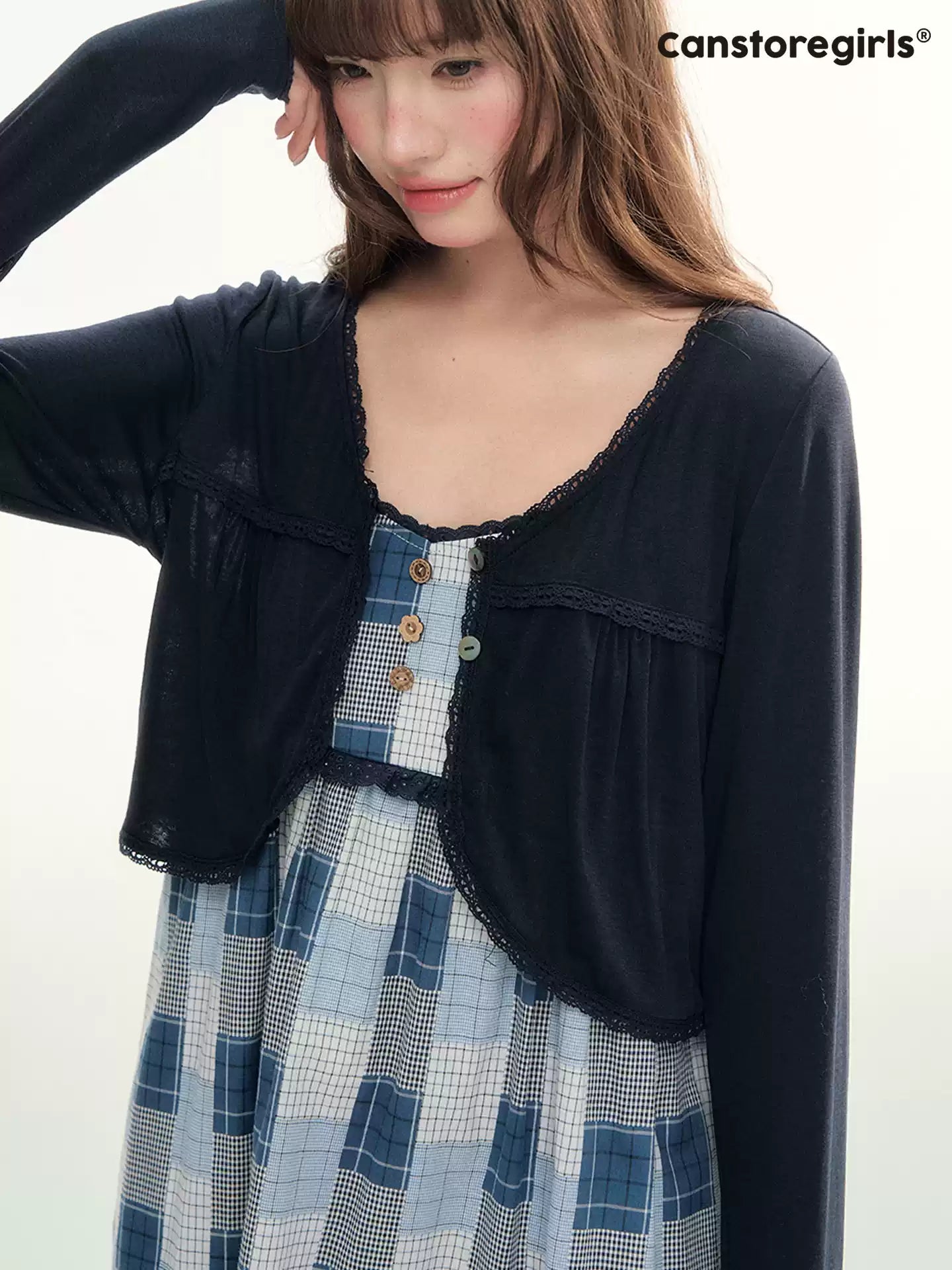 Blue Plaid Lace Trim Dress & Navy Cardigan Set  LL2026078