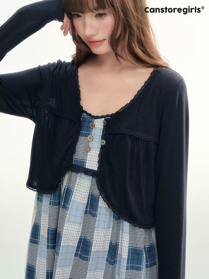 Blue Plaid Lace Trim Dress & Navy Cardigan Set  LL2026078
