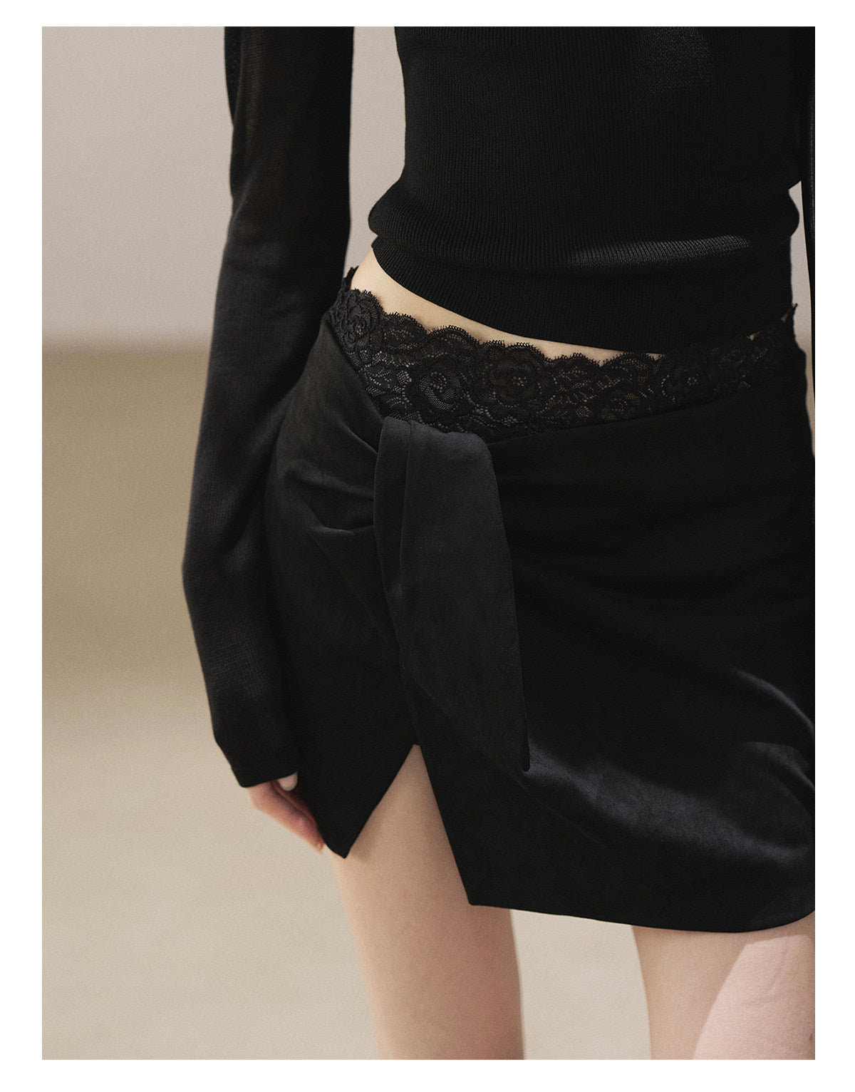 170726 "The Gentle Evening Breeze" Tranquil Black Lace-Trim Faux Layered Wrap Mini Skirt