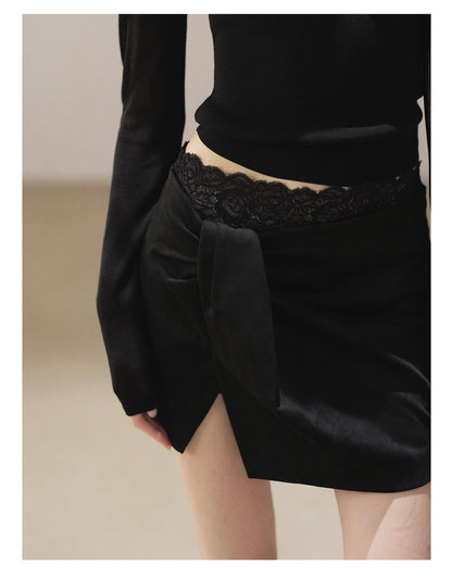 170726 "The Gentle Evening Breeze" Tranquil Black Lace-Trim Faux Layered Wrap Mini Skirt