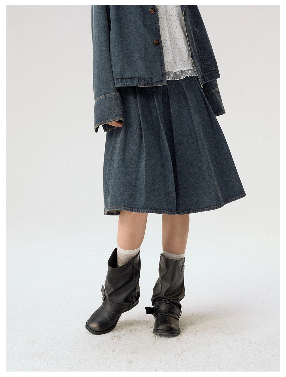 [CAN] "Wildflower Echoes" Vintage Indigo Denim Set (Jacket / Flared Pants / Midi Skirt)