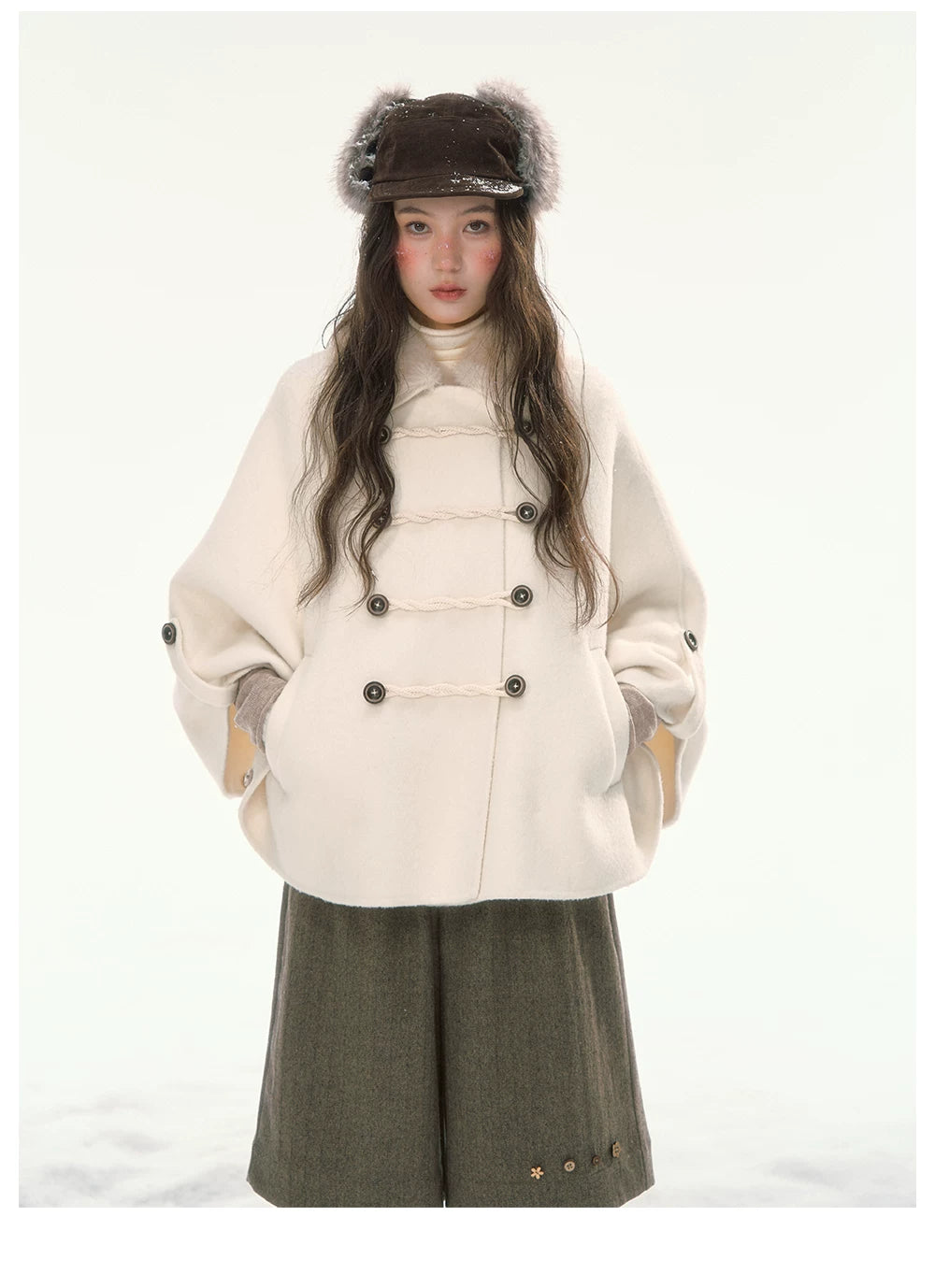CANSTORE - "Pine Reverie" Ivory Wool-Blend Cape Coat with Faux Fur Collar