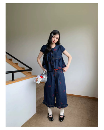 [RF] “Sweet Rebel Denim” Navy Embroidered Ruffle Top & Relaxed Pants Set