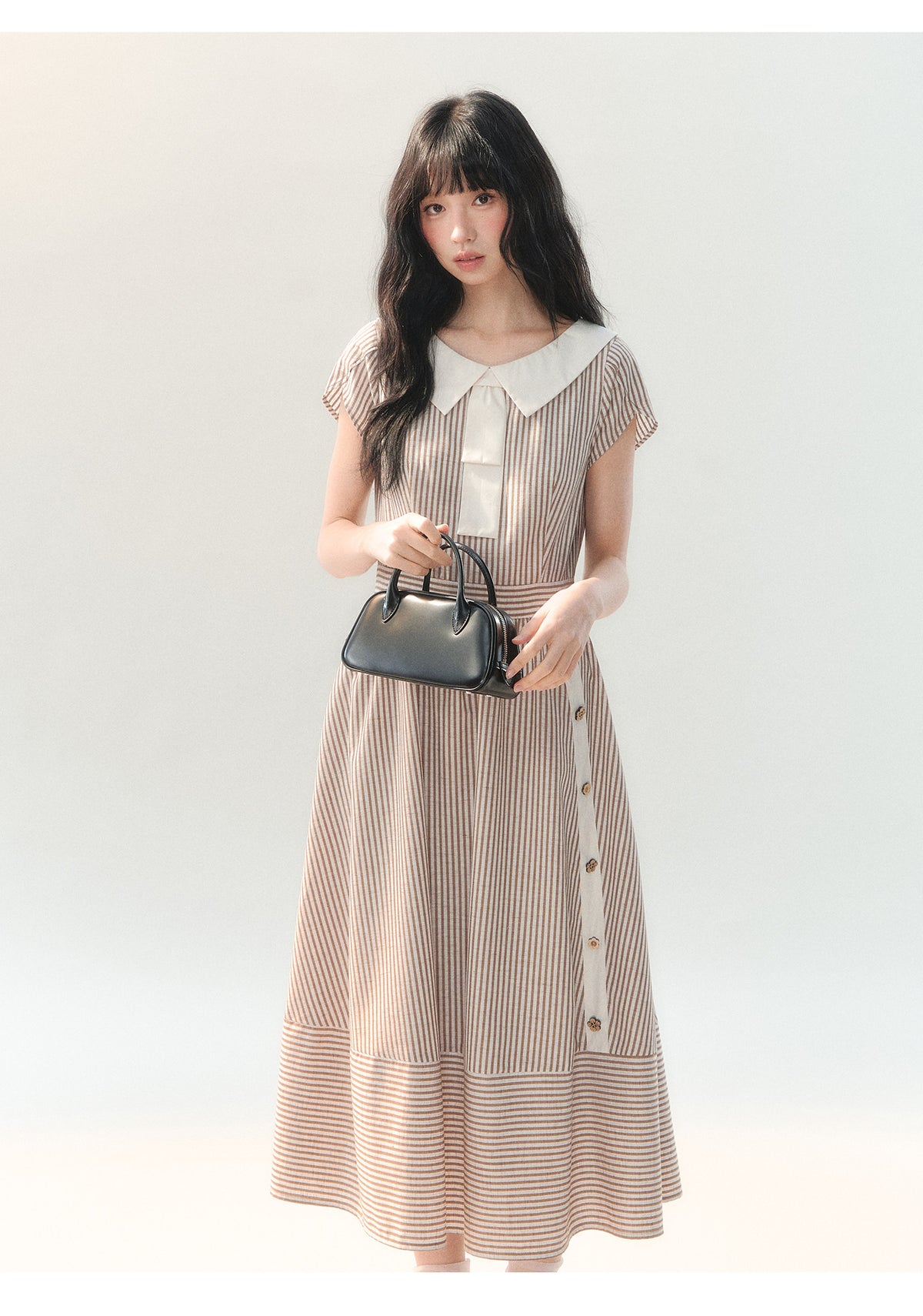 [CAN] "Coffee Meets Cream" Mocha Stripe Bow Collar Dress