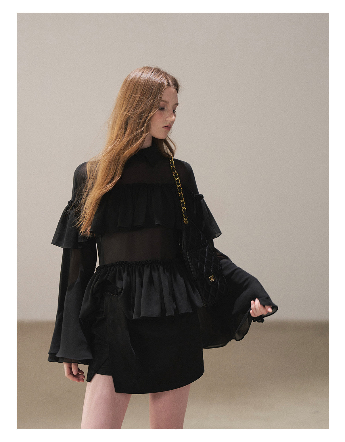 170726 "Veiled in the Evening Mist" Tranquil Black Ruffle Blouse