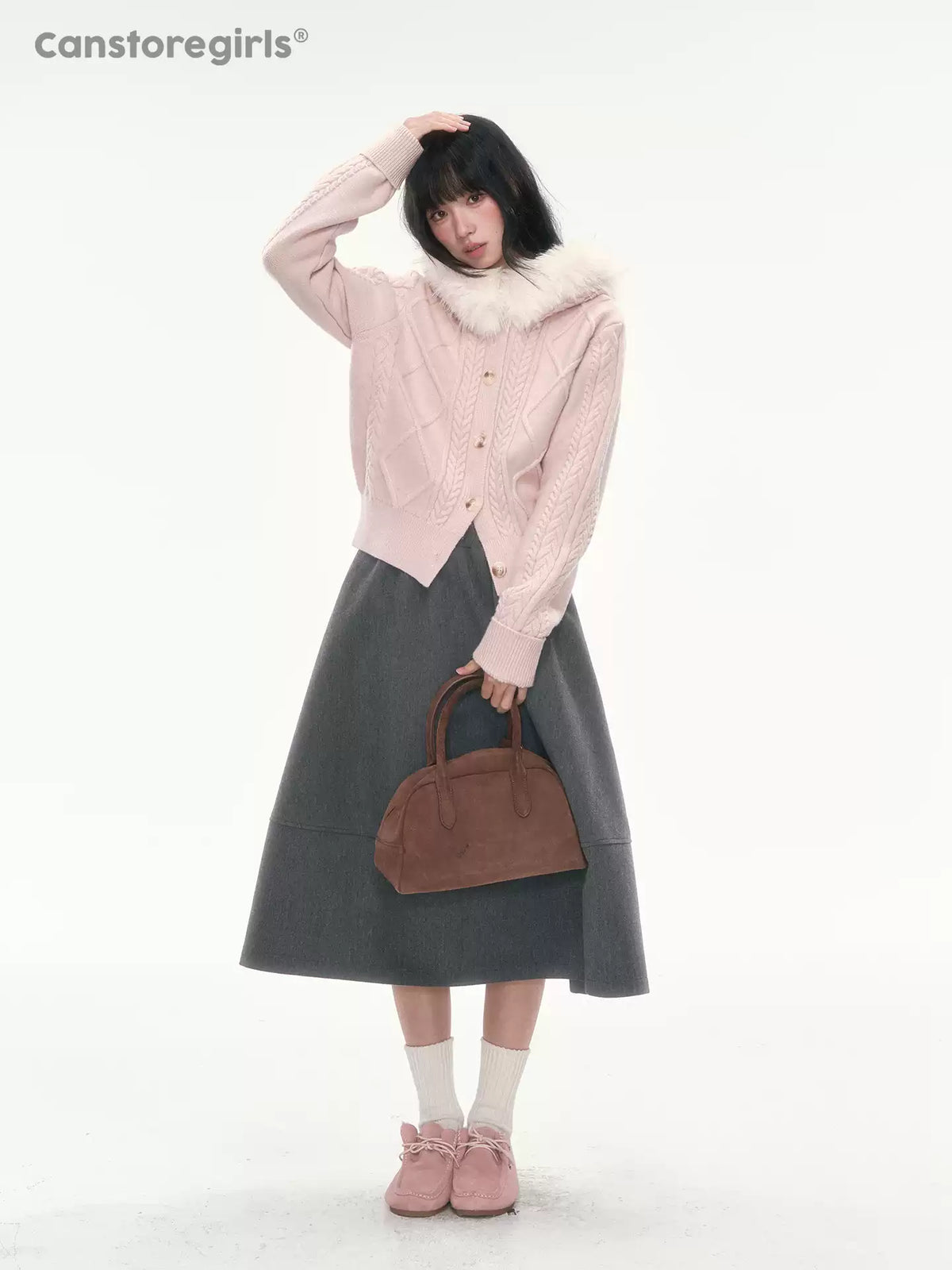 [CAN] Cable Knit Hooded Cardigan (Navy / Dusty Pink)