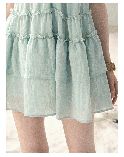 "Mossy Stone Steps" Primrose Green Tiered Cami Mini Dress