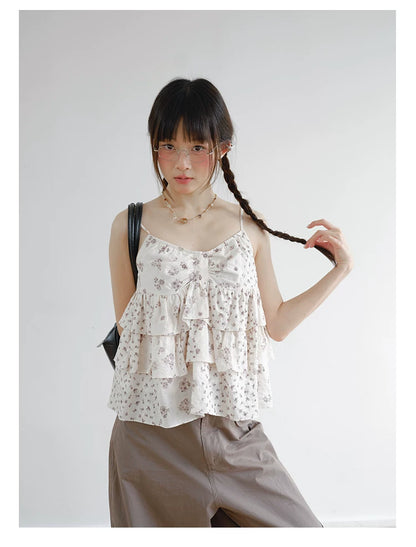 "Among the Blossoms" Soft Gray Floral Cotton Ruffle Cami Top