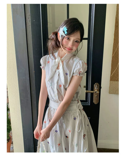 “Seaside Plaid Isle” Ocean Plaid Bubble Hem Dress
