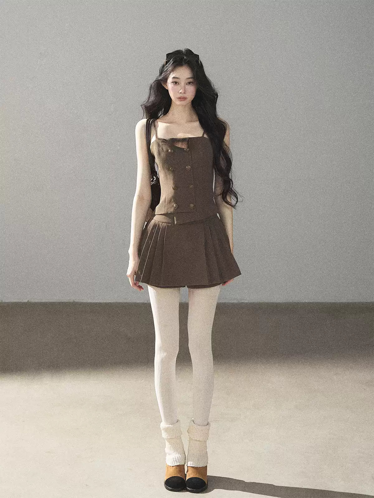 AOMALM - “Evening Breeze in the Valley” Chestnut Brown Blazer, Cami & Pleated Skort Set
