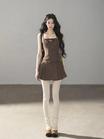 AOMALM - “Evening Breeze in the Valley” Chestnut Brown Blazer, Cami & Pleated Skort Set