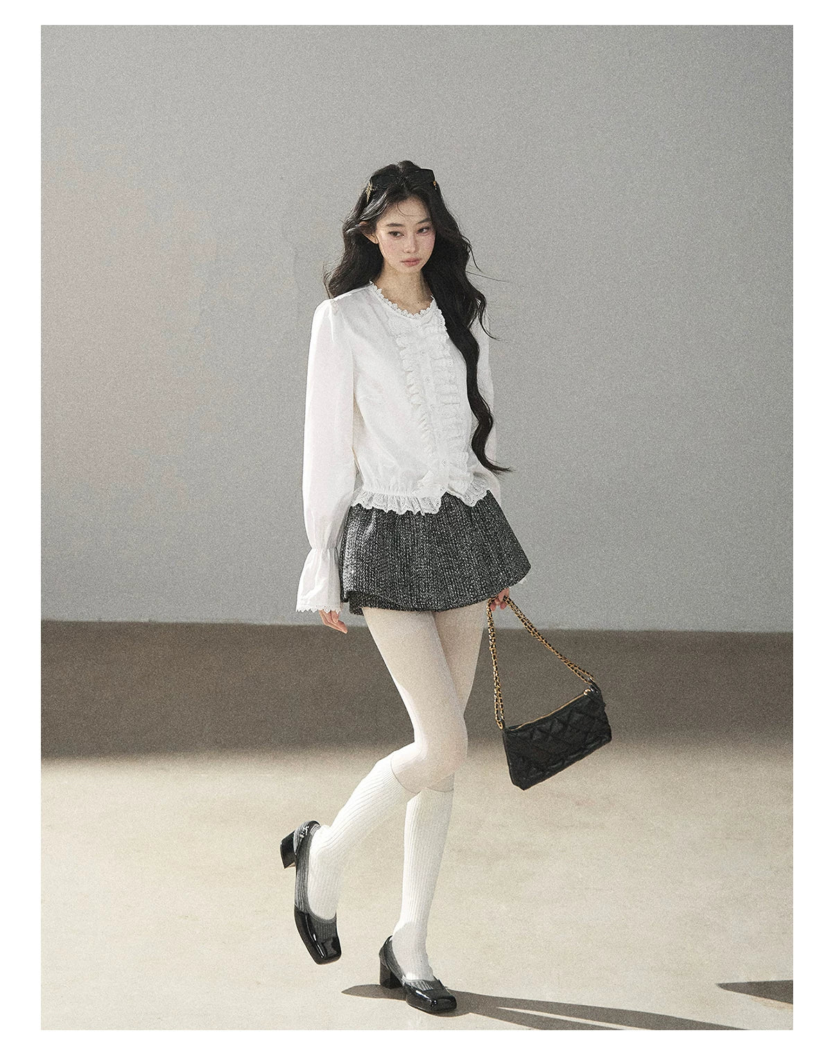 AOMALM - Black & Pearl White Tweed Jacket, Lace Blouse & Mini Skirt Set