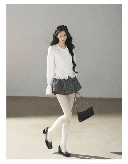 AOMALM - Black & Pearl White Tweed Jacket, Lace Blouse & Mini Skirt Set