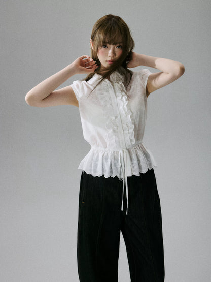 LOST FOREST - White Embroidered Ruffle Sleeve Cotton Blouse