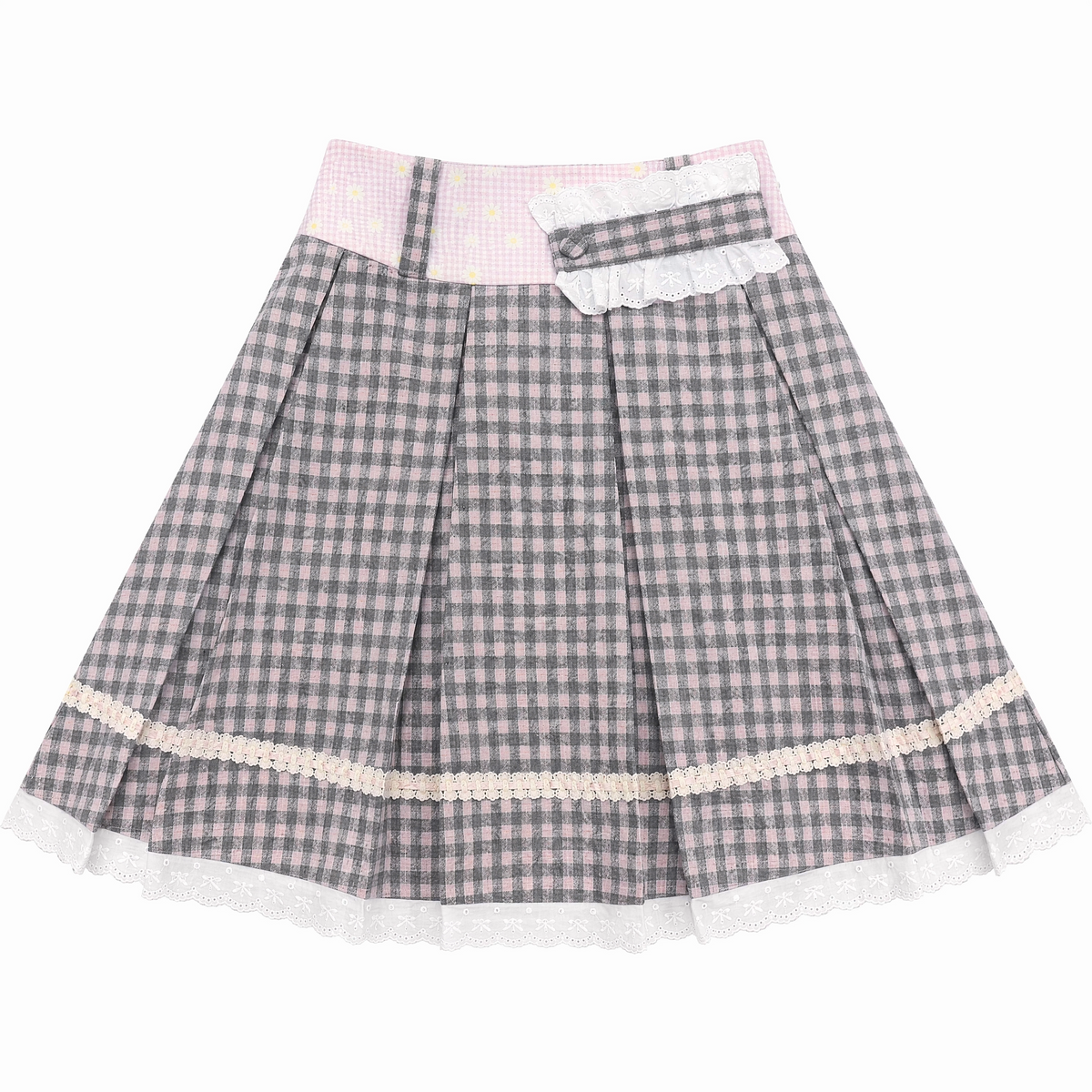 [RF] Gray & Pink Plaid A-Line Midi Skirt with Lace Trim