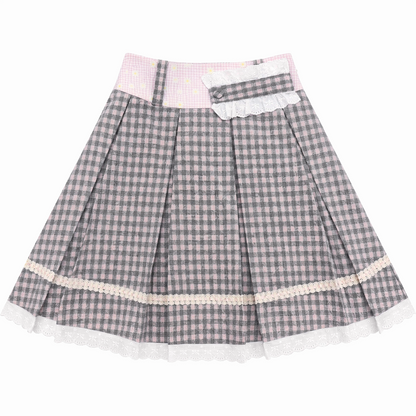 [RF] Gray & Pink Plaid A-Line Midi Skirt with Lace Trim