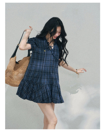 “Soft Pleats in Motion” Academy Blue Bubble Mini Dress