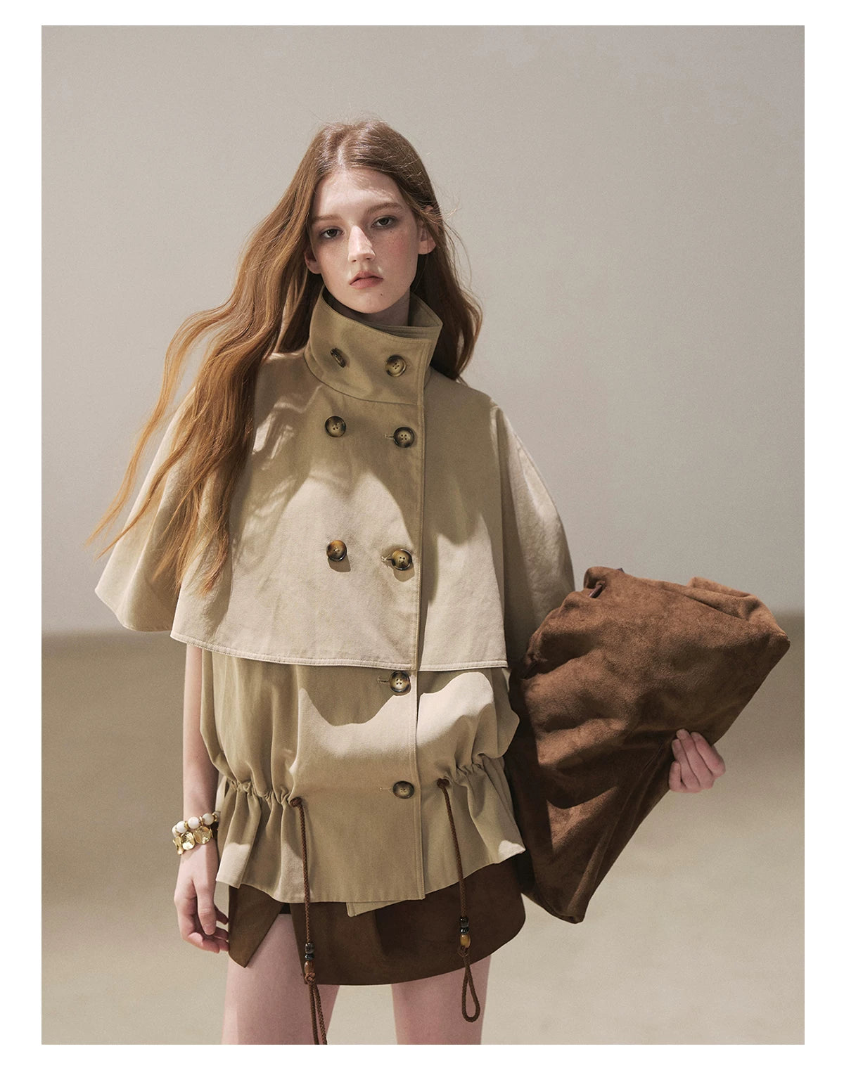 AOMALM - "Through the Oak Grove" Almond Taupe Cape Coat with Drawstring