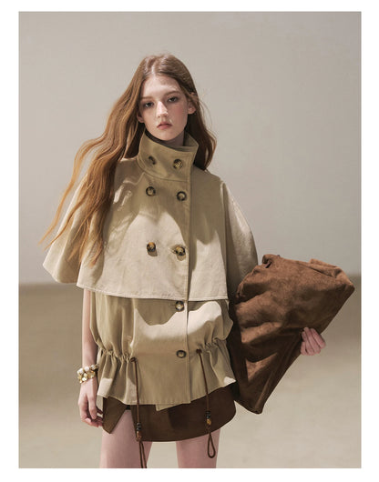AOMALM - "Through the Oak Grove" Almond Taupe Cape Coat with Drawstring