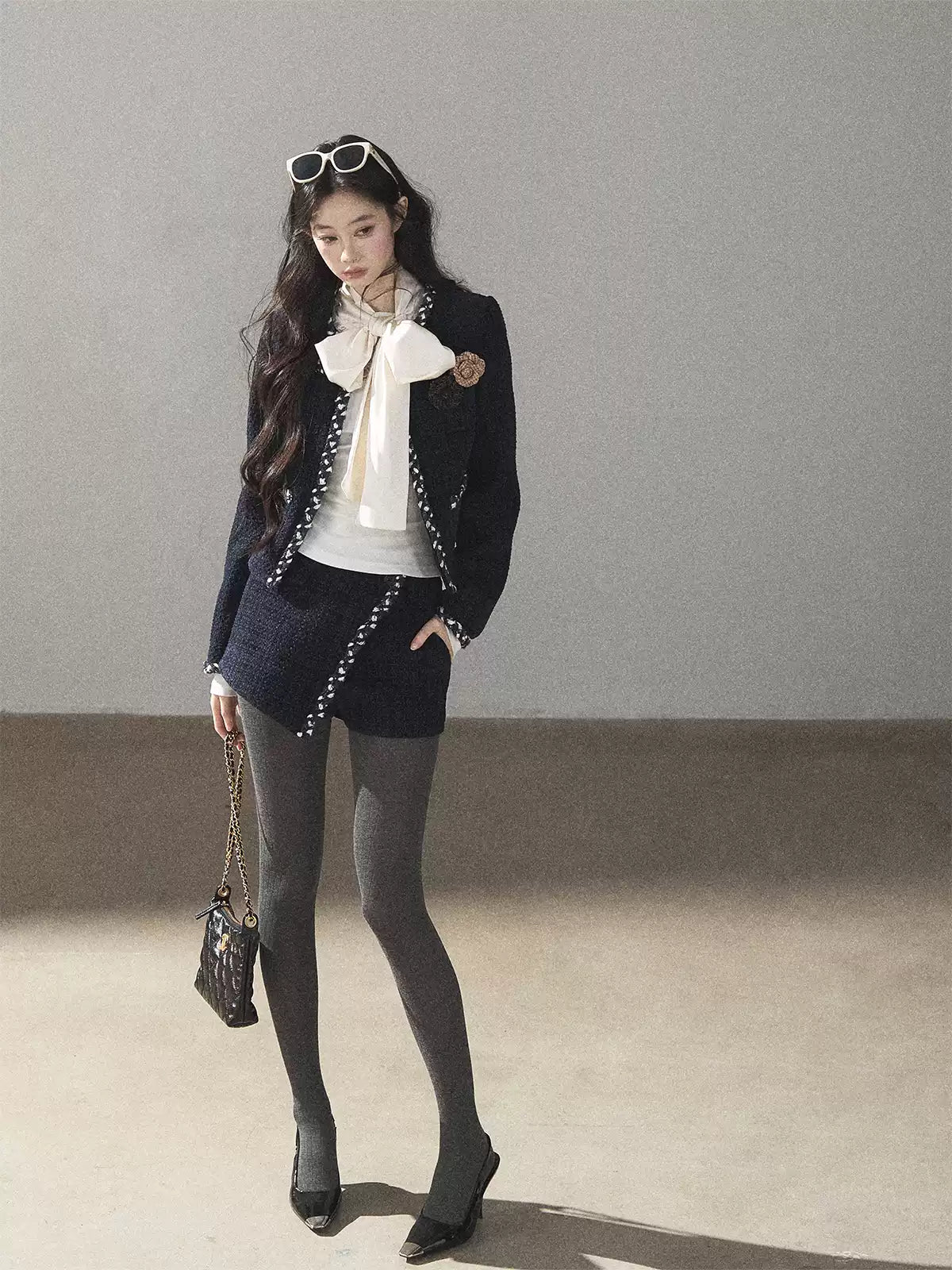 AOMALM - Navy Tweed Jacket & Skort Set with Dutch Cheese Top