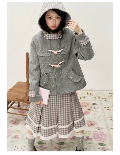 [RF] Floral Heather Gray Pink Plaid-Trim Hooded Duffle Coat