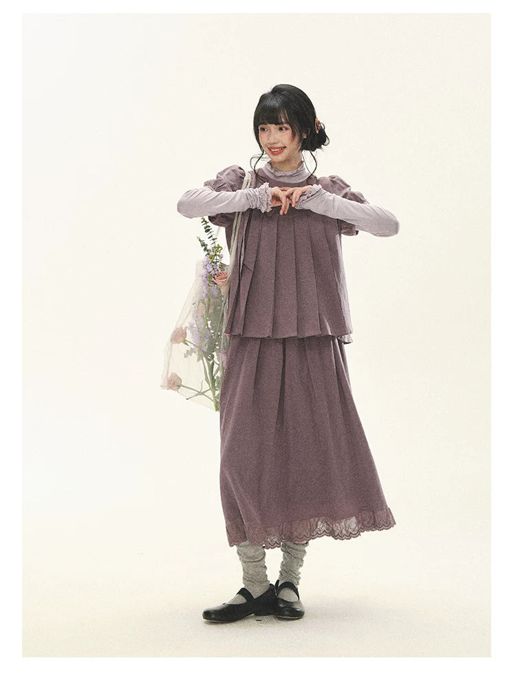 "Whispers Between Pleats" Gray Grape Purple Pleated Top & Maxi Skirt Set