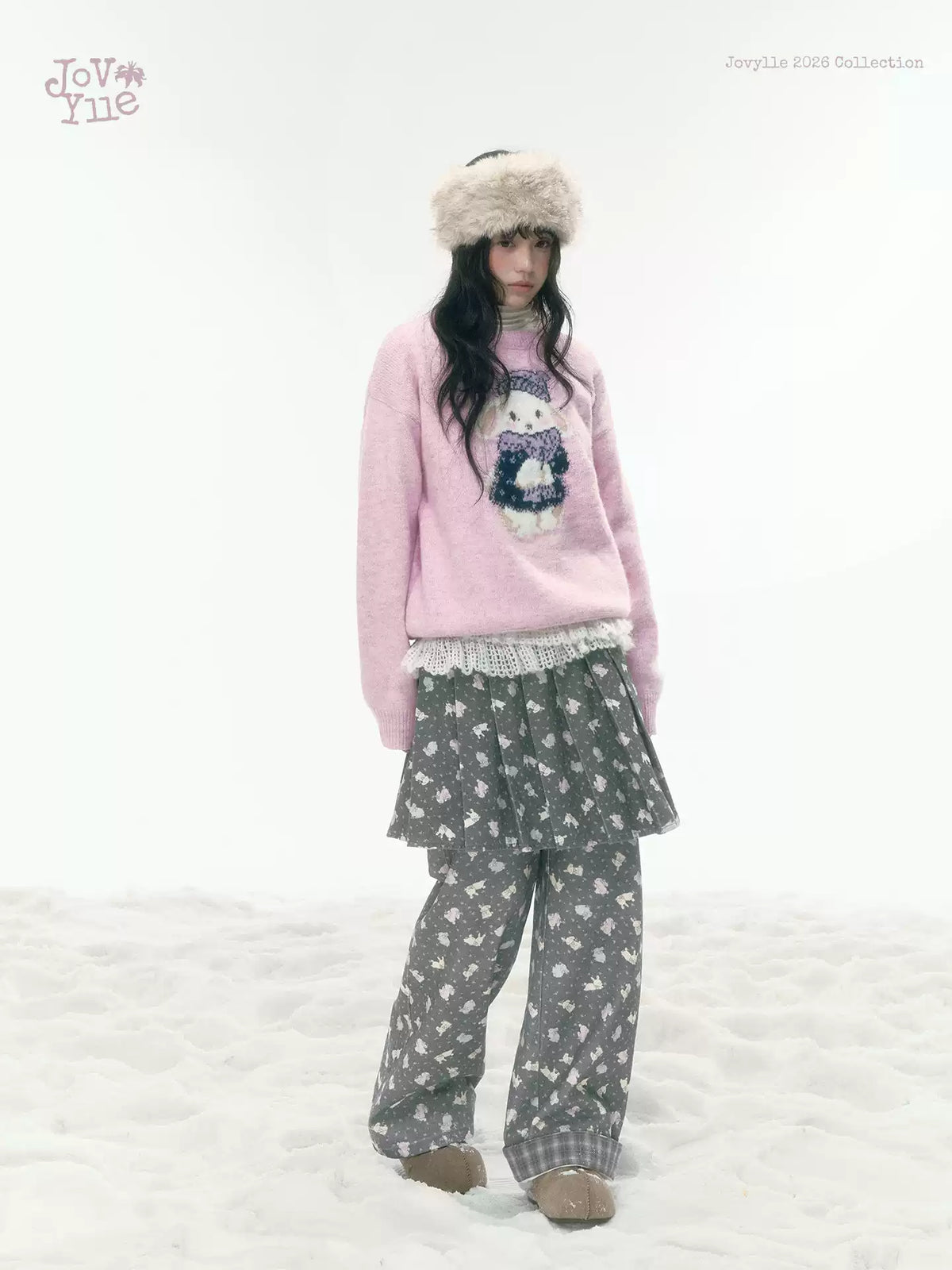 JOVYLLE - Pink Rabbit Jacquard Knit Sweater