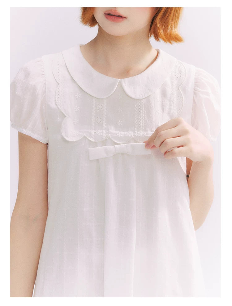 “Lace Sleep Song” White Embroidered Puff Sleeve Babydoll Dress