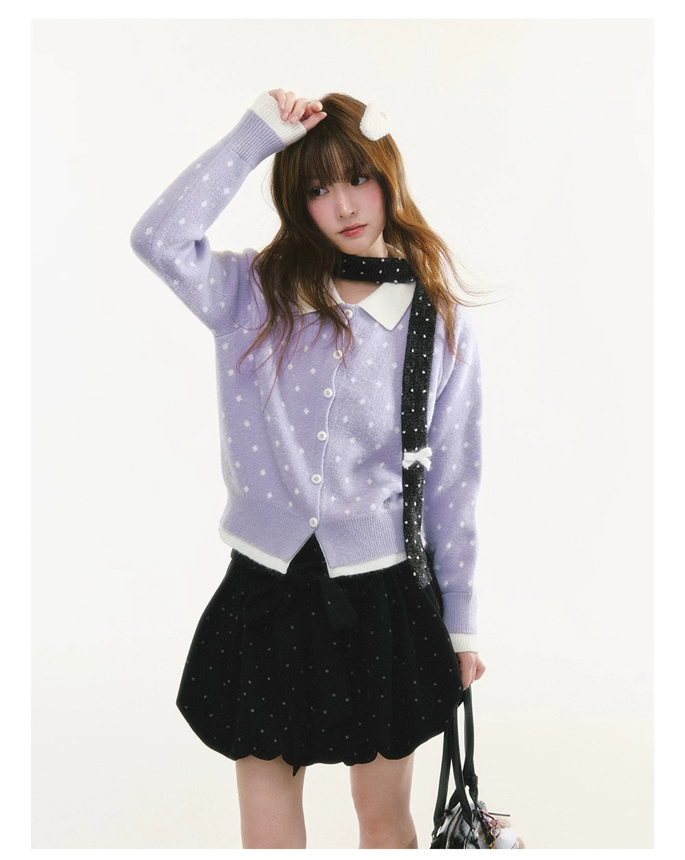 CREAMO2 - Polka Dot Knit Cardigan with Contrast Collar (Purple / Navy)