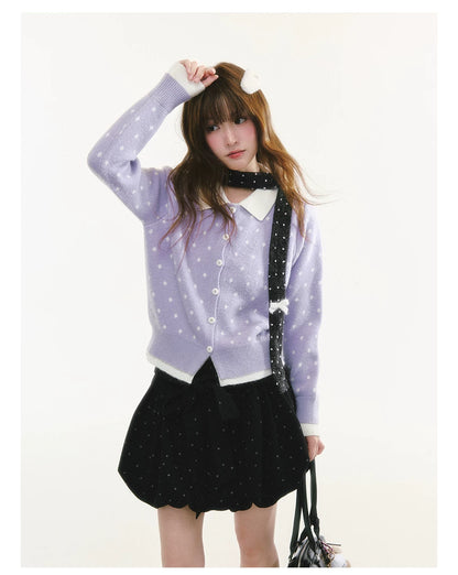 CREAMO2 - Polka Dot Knit Cardigan with Contrast Collar (Purple / Navy)