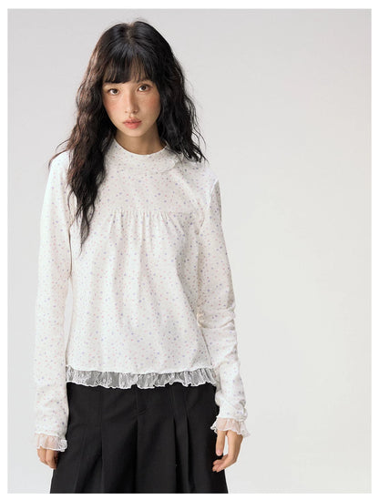 [CAN] "Double Dot Floral Raft" White Floral Lace-Trim Long Sleeve Top