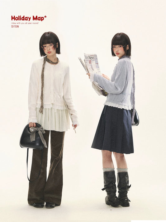 "Wisteria Whisper" Open-Knit Lace Tie Cardigan (Wisteria/ Ivory)