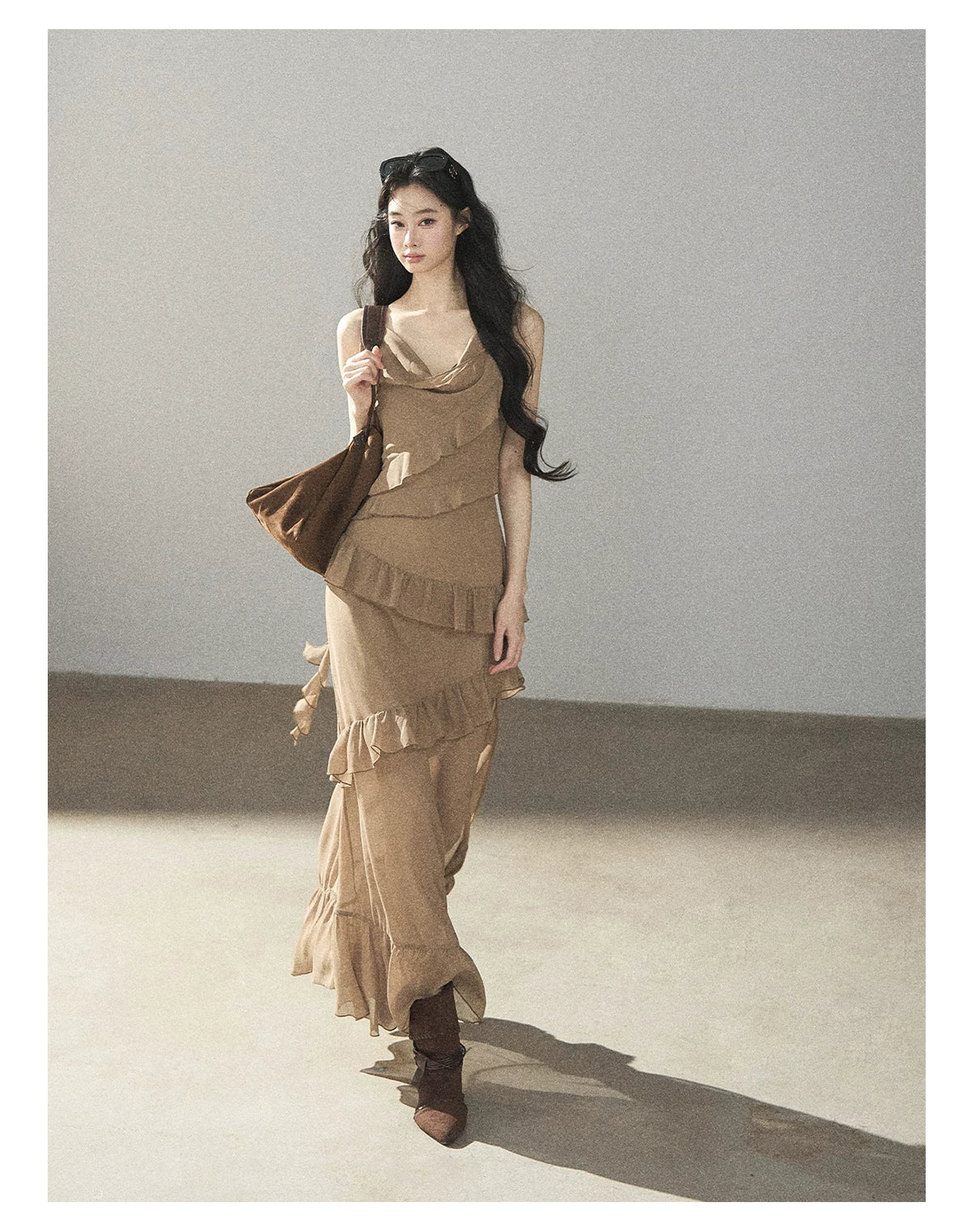 AOMALM - Cinnamon Gray-Brown Ruffle Chiffon Maxi Dress