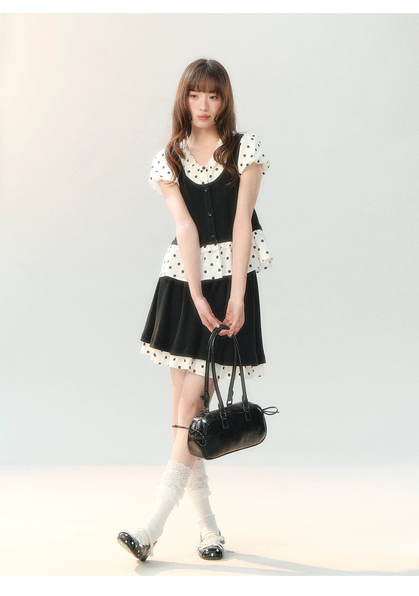 "Black Tea & Cream" Polka Dot Two-Piece Skirt Set SH2026202