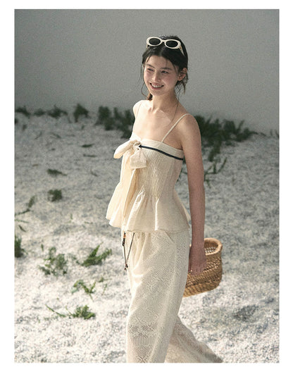 “Breeze Over Pleats” Cream Ribbon Camisole Top