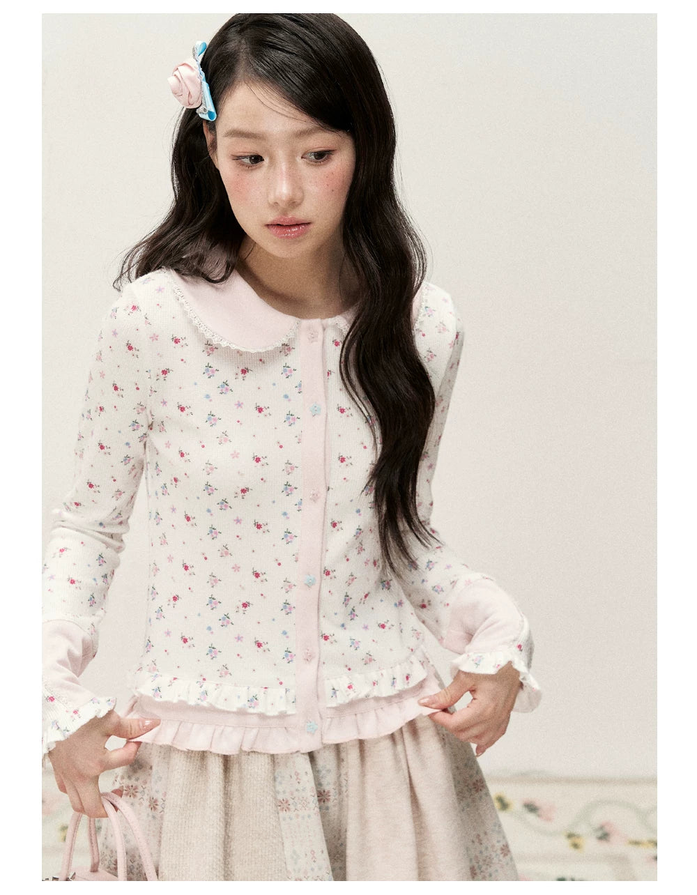 [RF] Waffle Texture Peter Pan Collar Floral Cardigan in Soft Pink