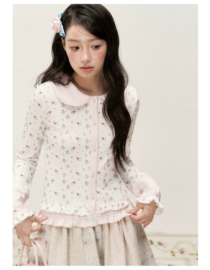[RF] Waffle Texture Peter Pan Collar Floral Cardigan in Soft Pink