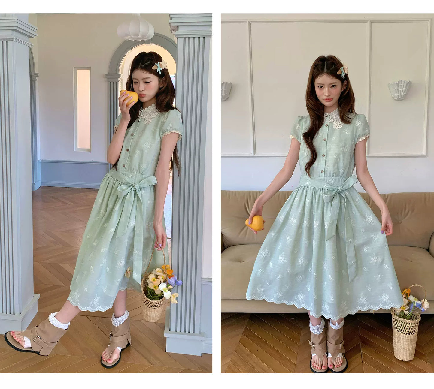 “Sage Meadow Reverie” Sage Green Embroidered Shirt Dress