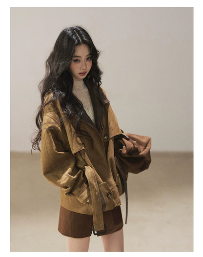 AOMALM - Chestnut Brown Faux-Suede Cropped Utility Coat with Belt