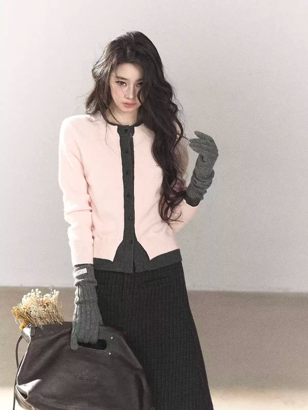 AOMALM - Cinnamon Pink Faux Layered Cropped Cardigan Sweater
