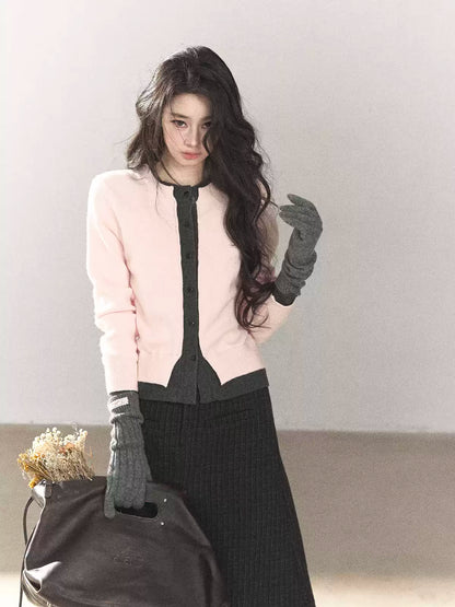 AOMALM - Cinnamon Pink Faux Layered Cropped Cardigan Sweater