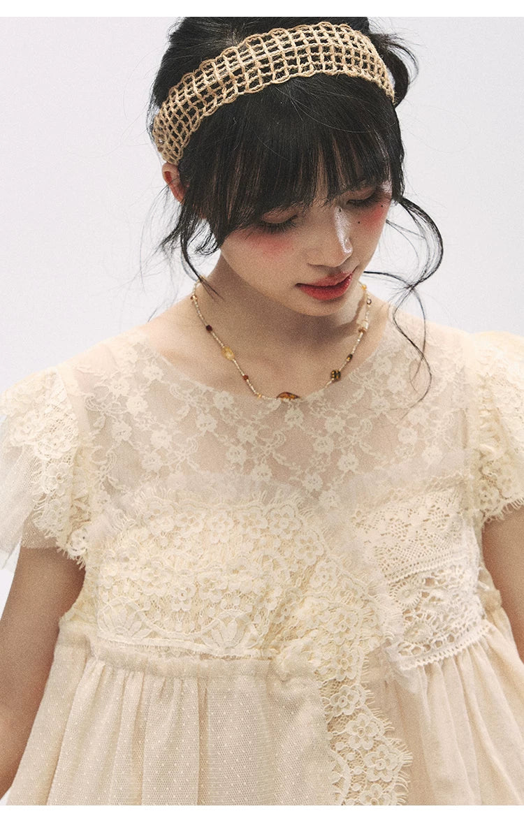 "Apricot Blossom Letter" Oatmeal Lace Patchwork Short Sleeve Blouse