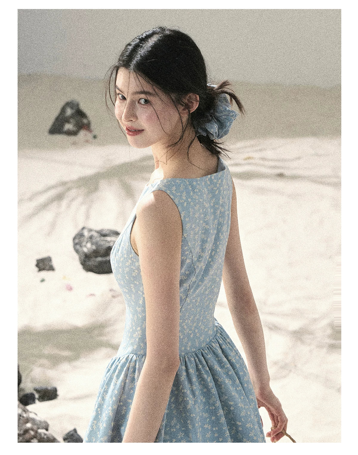 "Sage Summer" Haze Blue Lace Floral Puff Mini Dress