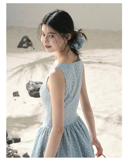 "Sage Summer" Haze Blue Lace Floral Puff Mini Dress